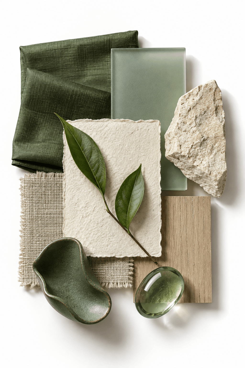 Natural moodboard: green linen, leaves, stone, and wood