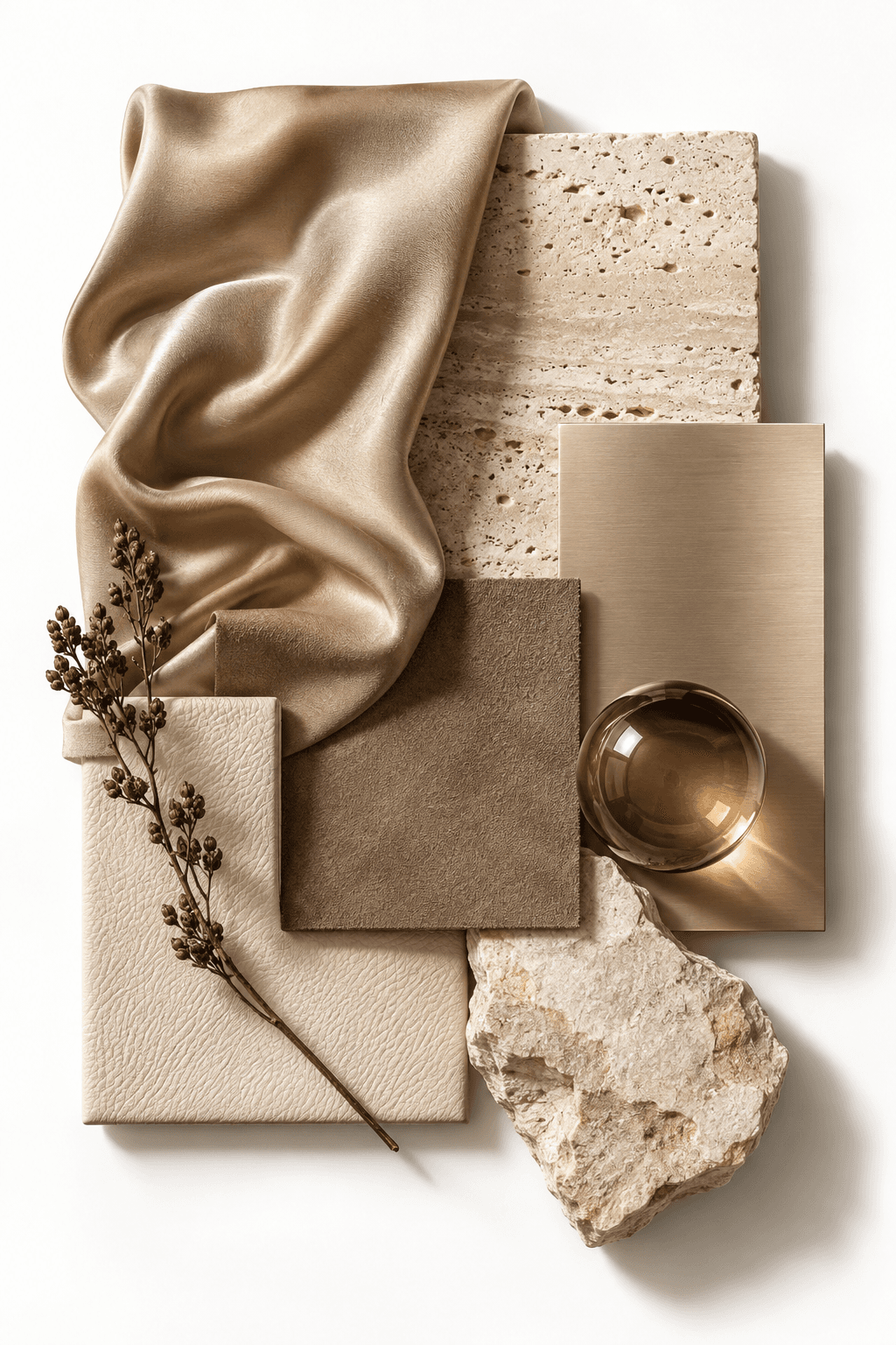 Luxury moodboard: champagne silk, stone, and gold