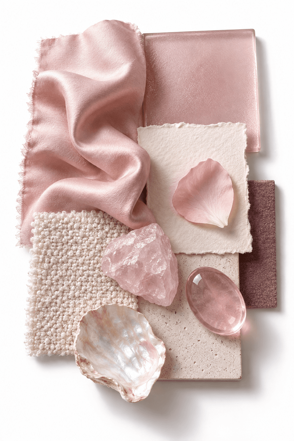 Soft moodboard: pink silk, rose quartz, and ivory