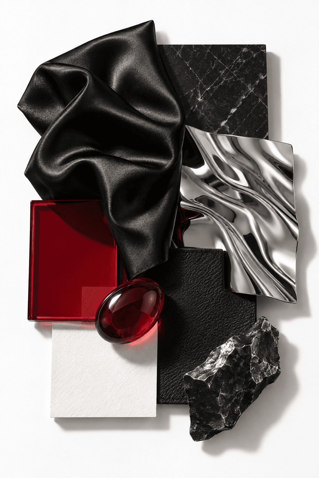 Chic moodboard: black satin, chrome, and red glass
