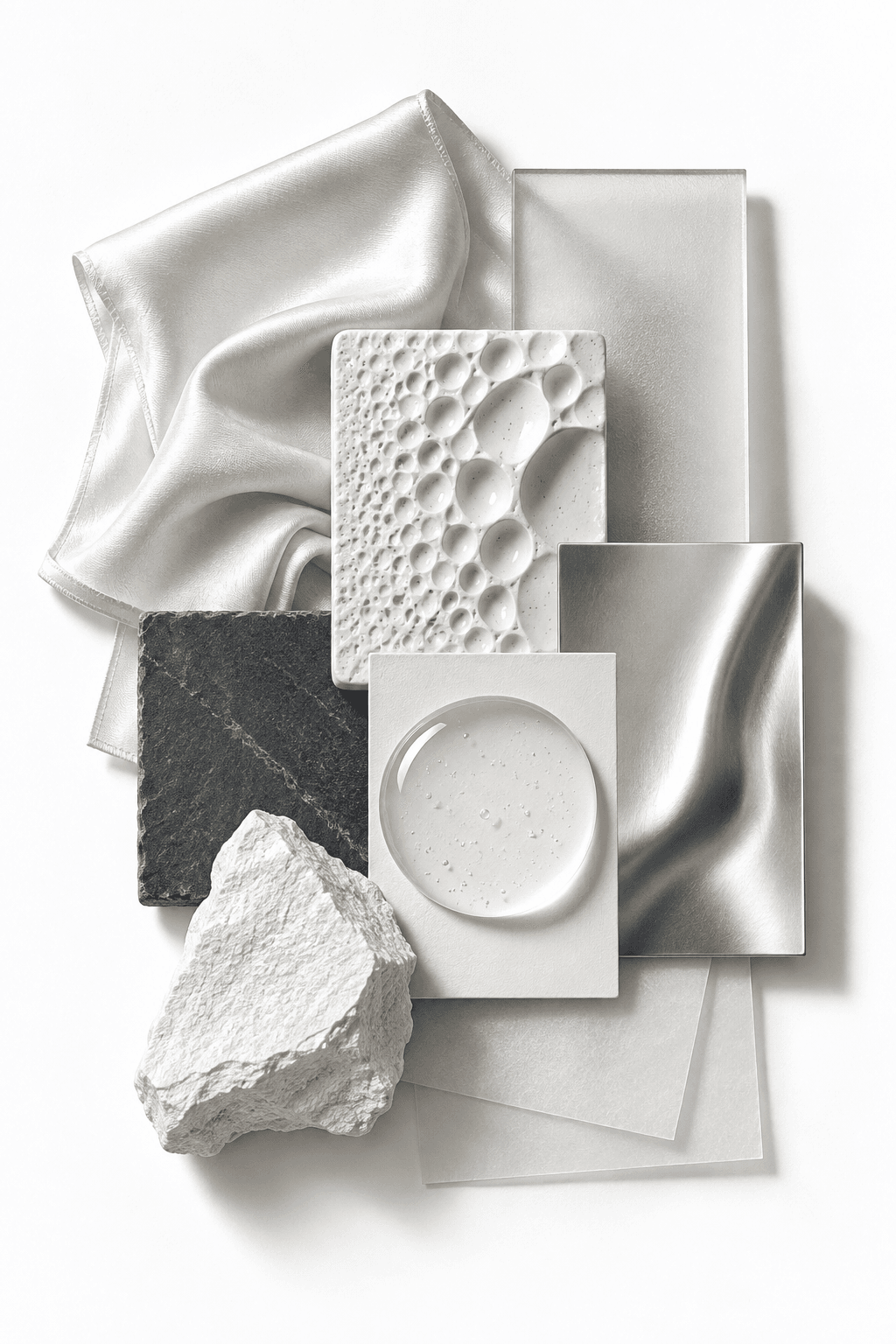 Derma moodboard: white ceramic, glass, and silver