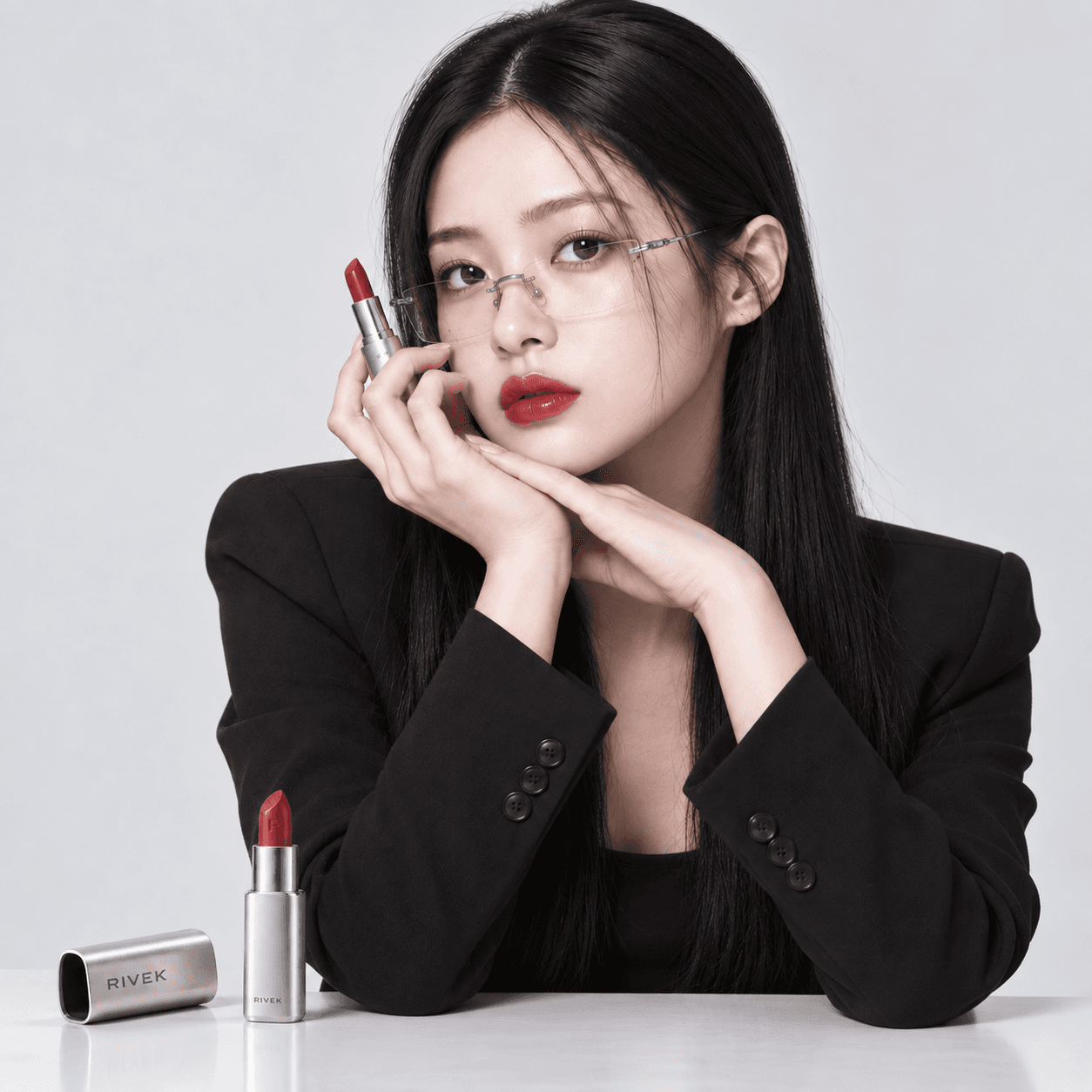 The same model holding lipstick in a studio